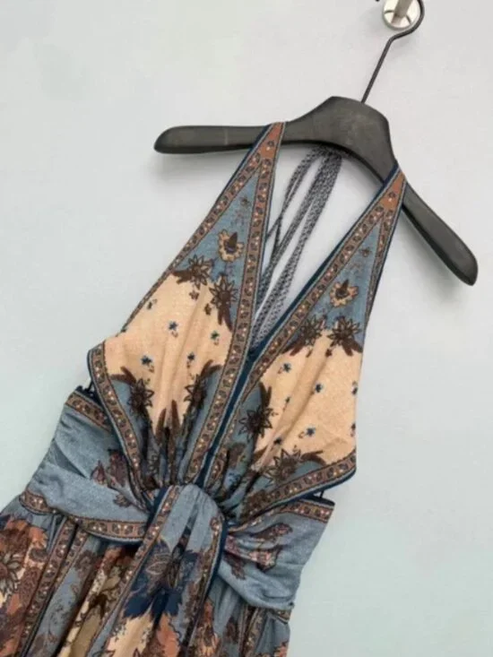 Zimmermann Beige and Blue Floral Halter Maxi Dress - Picture 6 of 9